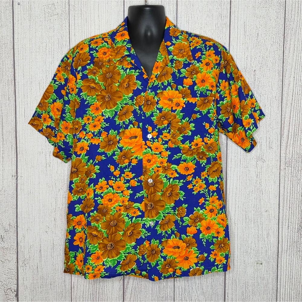 VTG 50s 60s Hawaiian Shirt, Metal Coin Buttons Atomic Orange Floral Aloha Shirt